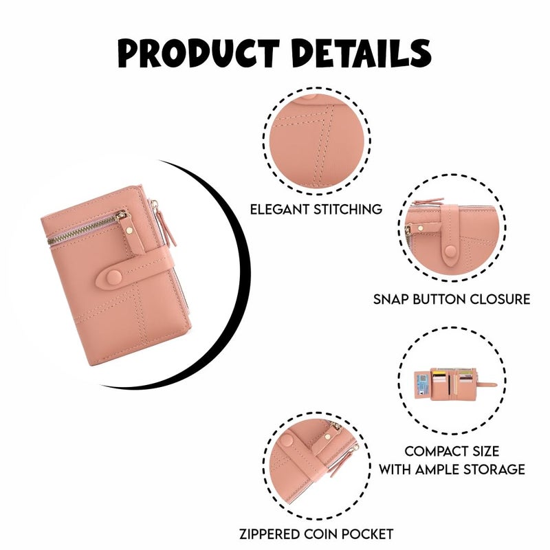 Elios Women's Wallet Vegan Leather Bifold Small Card Holder Coin Holder Compact Ladies Purse with 12 Card Slots, Zipper Pocket and RFID Blocking | Snap Closure | Mini Purse for Women (Peach) - Image 3