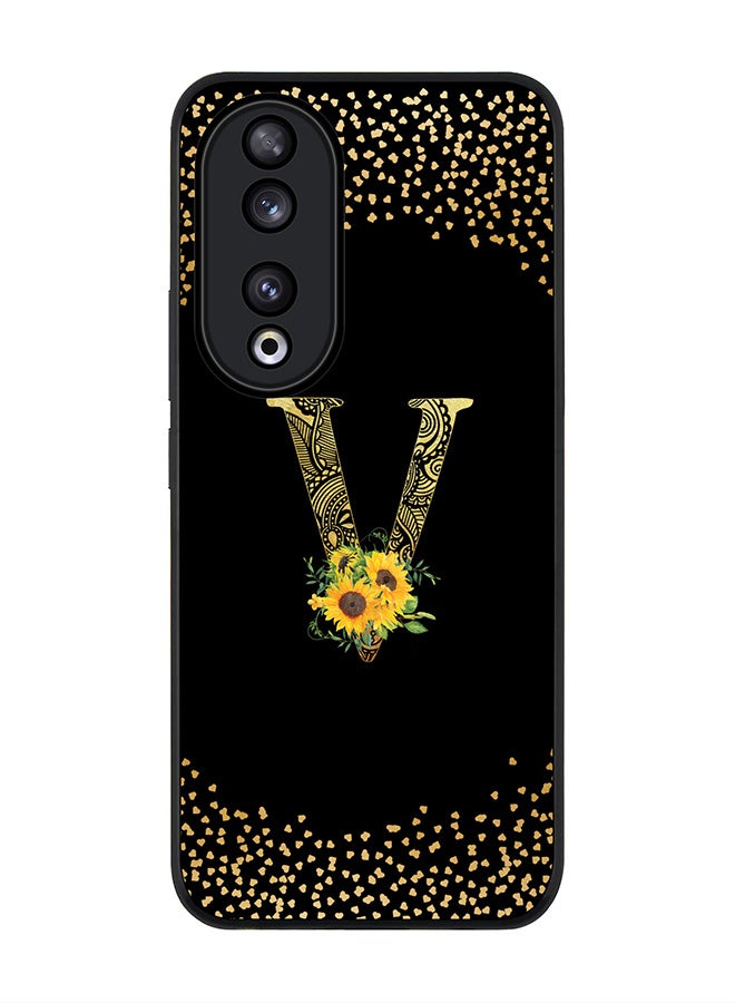 Stylizedd Rugged Black edge case for Honor 90 5G, Slim fit Flexible Anti Drop Thin Cover - Custom Monogram Initial Letter Floral Pattern Alphabet - V ( Black ) - Image 1