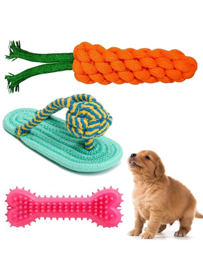 Sage Square Dog Durable Cotton Chew Rope Slipper Dog Toys For Teething Playing Fun Toy + Gums Massage + Stress Relief Chew Rope Toy + Rubber Flavoured Chew Bone For Small And Medium Puppies Pack Of 3  - Image 1