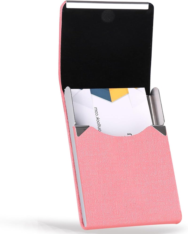 JuneLsy Business Card Holder Case - Professional PU Leather Business Card Case Metal Name Card Holder Pocket Business Card Carrier for Women with Magnetic Shut (Pink-JG) - Image 2