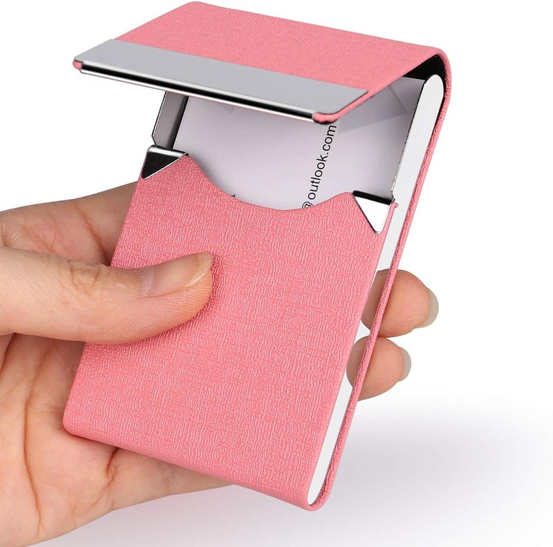 JuneLsy Business Card Holder Case - Professional PU Leather Business Card Case Metal Name Card Holder Pocket Business Card Carrier for Women with Magnetic Shut (Pink-JG) - Image 1