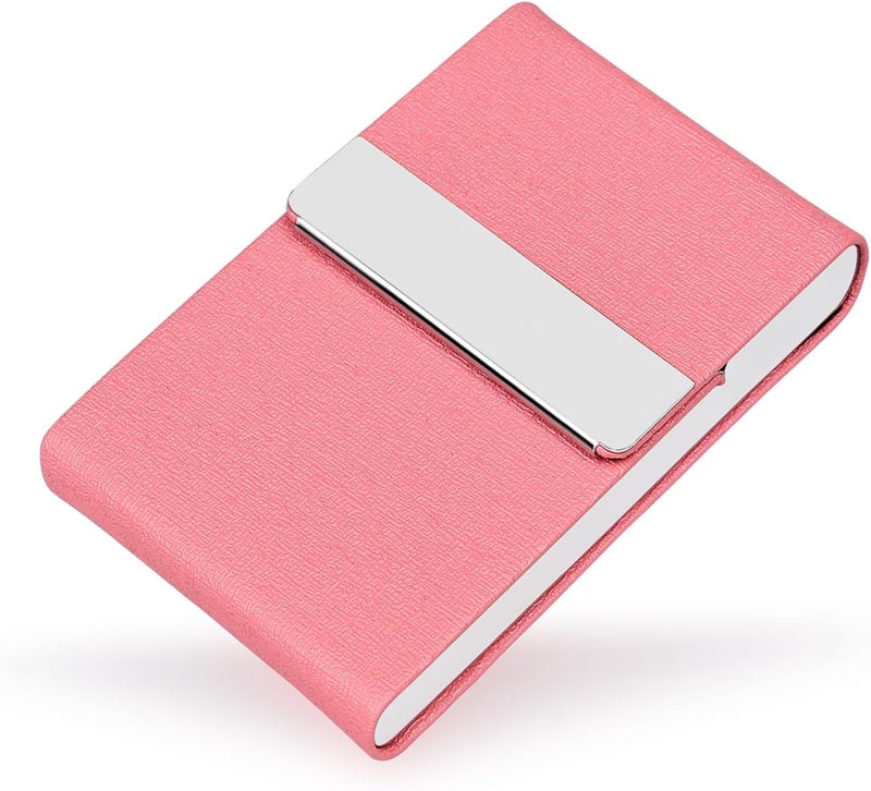JuneLsy Business Card Holder Case - Professional PU Leather Business Card Case Metal Name Card Holder Pocket Business Card Carrier for Women with Magnetic Shut (Pink-JG) - Image 3