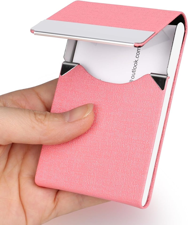 JuneLsy Business Card Holder Case - Professional PU Leather Business Card Case Metal Name Card Holder Pocket Business Card Carrier for Women with Magnetic Shut (Pink-JG) - Image 5