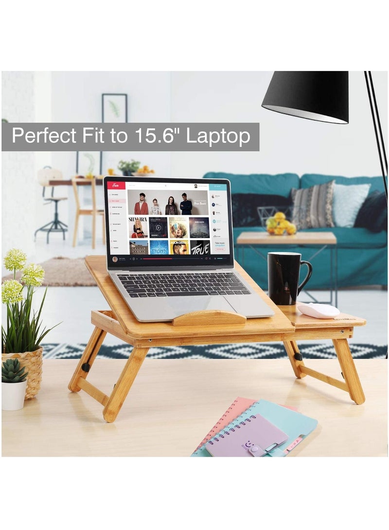 Generic Bamboo Laptop Desk Portable Folding Bed Laptop PC Desk Lap Tray with Tilting Top Panel Heat Dissipation Holes Drawer Adjustable Legs for Working Study Reading Placing Food Breakfast - Image 4
