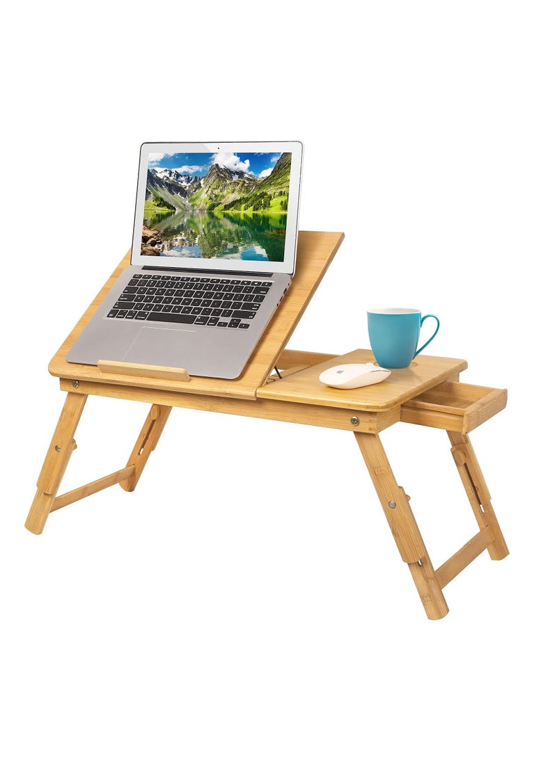 Generic Bamboo Laptop Desk Portable Folding Bed Laptop PC Desk Lap Tray with Tilting Top Panel Heat Dissipation Holes Drawer Adjustable Legs for Working Study Reading Placing Food Breakfast - Image 2