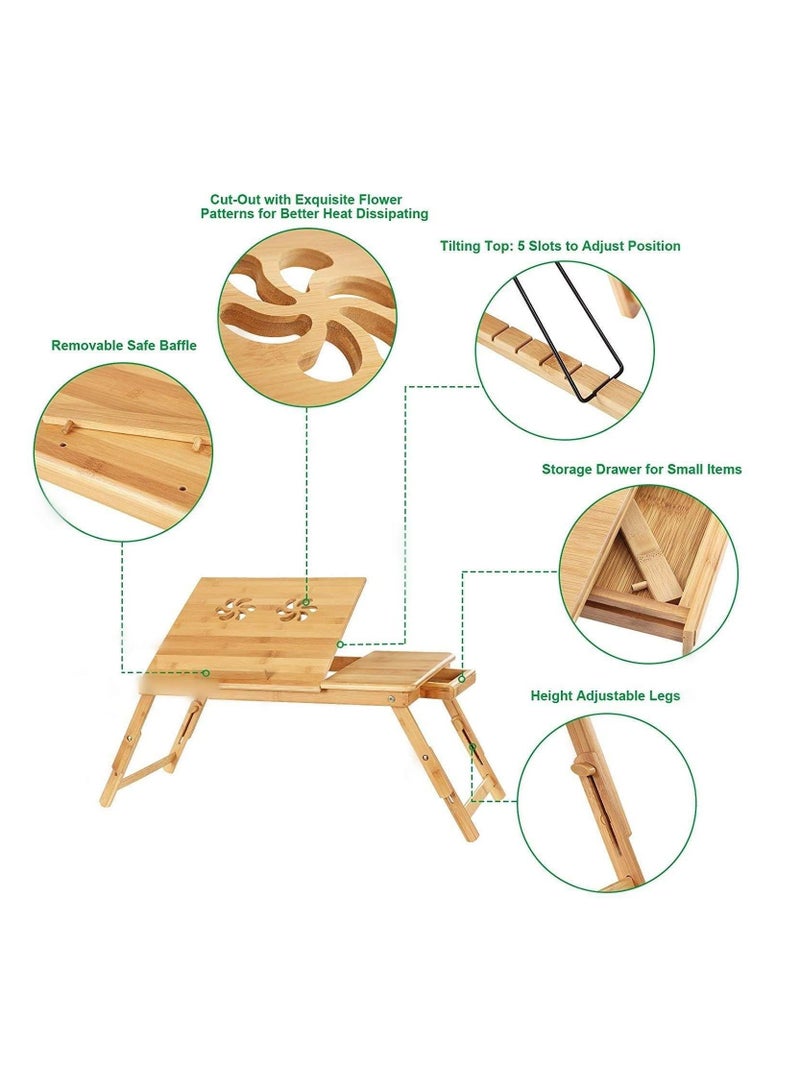 Generic Bamboo Laptop Desk Portable Folding Bed Laptop PC Desk Lap Tray with Tilting Top Panel Heat Dissipation Holes Drawer Adjustable Legs for Working Study Reading Placing Food Breakfast - Image 3