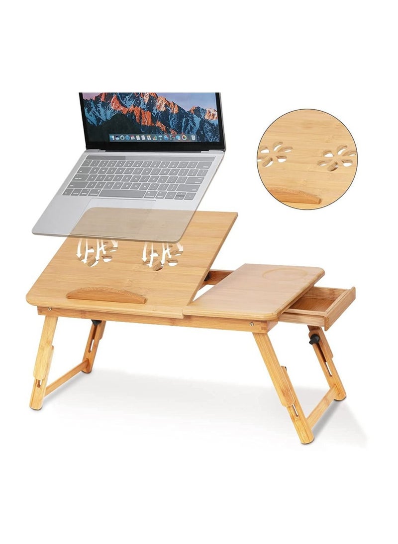 Generic Bamboo Laptop Desk Portable Folding Bed Laptop PC Desk Lap Tray with Tilting Top Panel Heat Dissipation Holes Drawer Adjustable Legs for Working Study Reading Placing Food Breakfast - Image 1