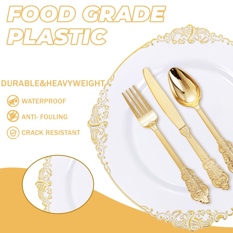 Joyido 125PCS White and Gold Plastic Plates - Gold Disposable Plates with Plastic Silverware - Vintage Disposable Dinnerware Set for 25 Guests for Weddings Parties - Image 1