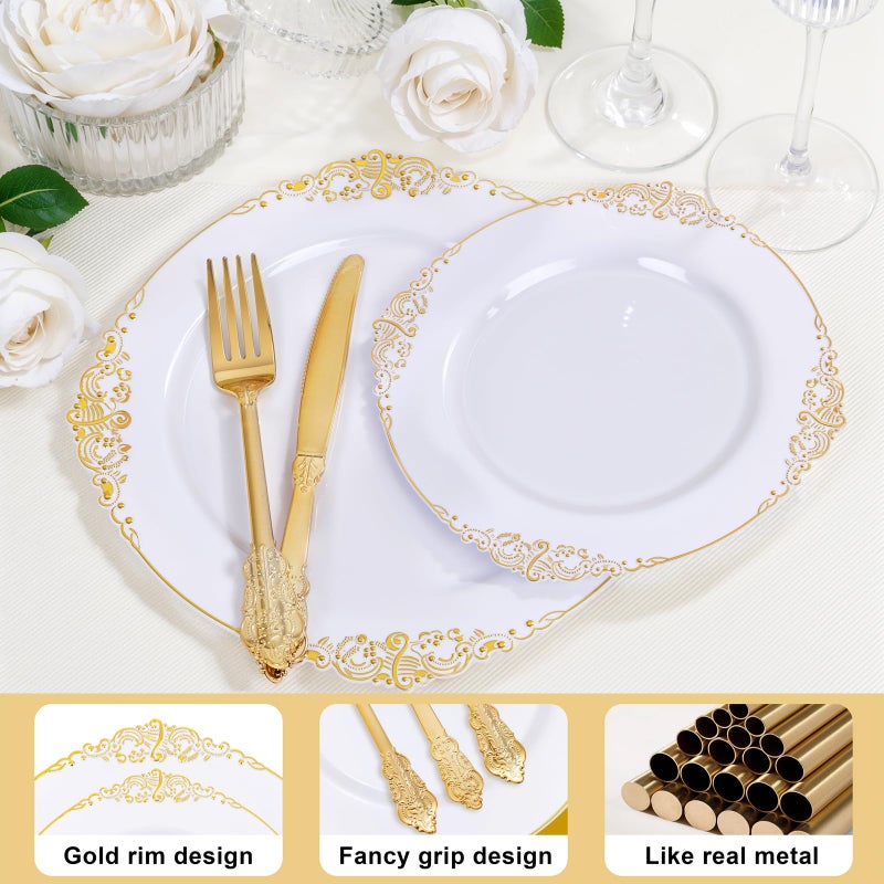 Joyido 125PCS White and Gold Plastic Plates - Gold Disposable Plates with Plastic Silverware - Vintage Disposable Dinnerware Set for 25 Guests for Weddings Parties - Image 2