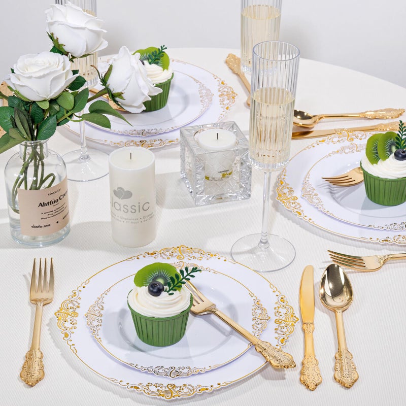 Joyido 125PCS White and Gold Plastic Plates - Gold Disposable Plates with Plastic Silverware - Vintage Disposable Dinnerware Set for 25 Guests for Weddings Parties - Image 3