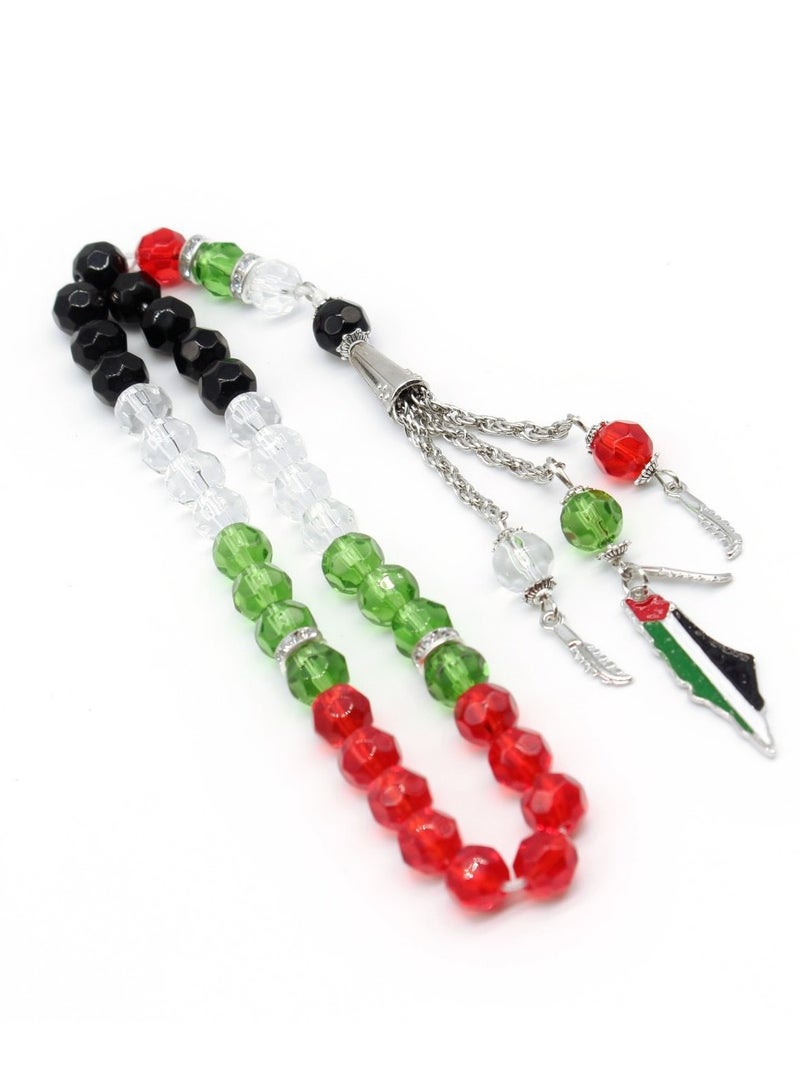 Asbih 33 10mm - Islamic Prayer Beads, Tasbeeh, Sibha, Muslim Mala Masbaha, Misbaha, Tesbih, Tespih, Dhikr Beads, Prayer Beads Trouble Beads Palestine Flag Colour Crystal Glass  - Image 1