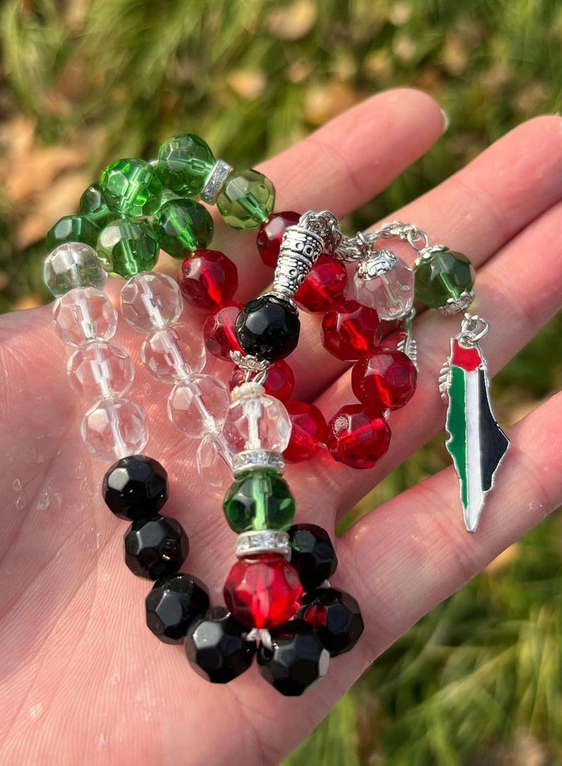 Asbih 33 10mm - Islamic Prayer Beads, Tasbeeh, Sibha, Muslim Mala Masbaha, Misbaha, Tesbih, Tespih, Dhikr Beads, Prayer Beads Trouble Beads Palestine Flag Colour Crystal Glass  - Image 2