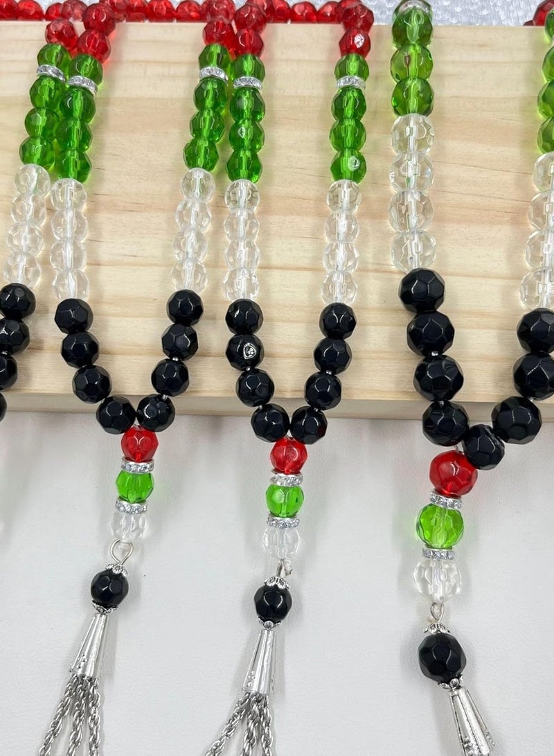 Asbih 33 10mm - Islamic Prayer Beads, Tasbeeh, Sibha, Muslim Mala Masbaha, Misbaha, Tesbih, Tespih, Dhikr Beads, Prayer Beads Trouble Beads Palestine Flag Colour Crystal Glass  - Image 4