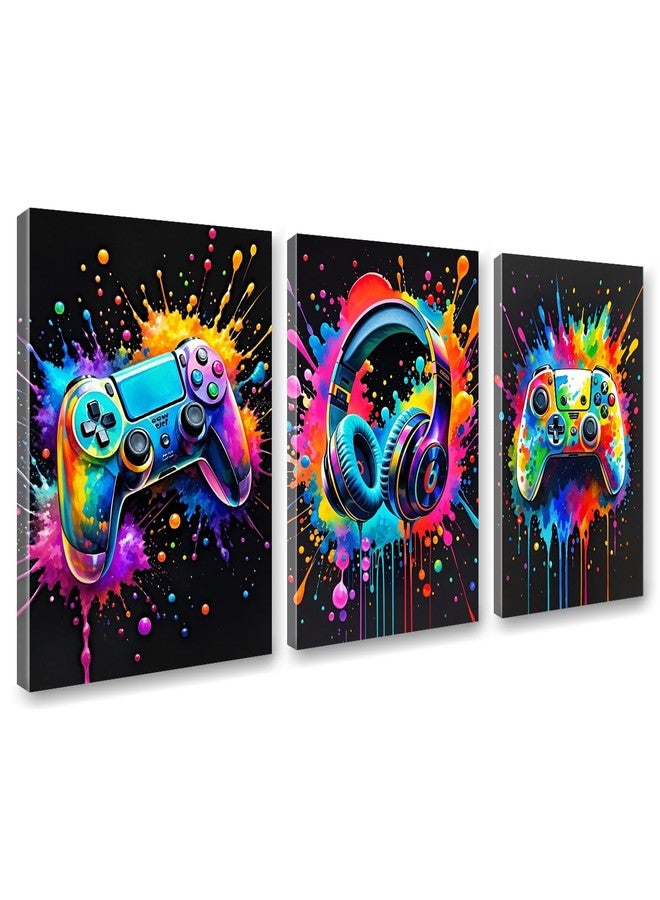 Aphila 3Pcs Gaming Room Wall Decor Game Canvas Wall Art Colorful Gaming Posters Pictures Cool Video Game Prints Paintings Artwork for Men Teen Boys Room Gamer Bedroom Cybercafe Decorations 12x16 Inch Framed - Image 1