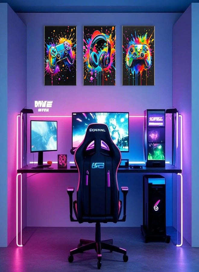 Aphila 3Pcs Gaming Room Wall Decor Game Canvas Wall Art Colorful Gaming Posters Pictures Cool Video Game Prints Paintings Artwork for Men Teen Boys Room Gamer Bedroom Cybercafe Decorations 12x16 Inch Framed - Image 2