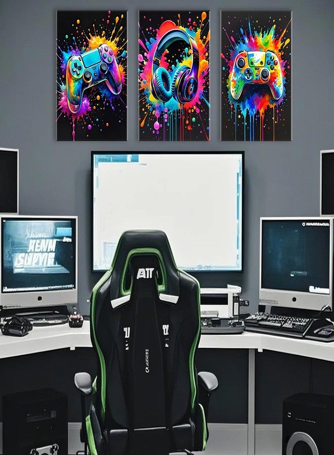 Aphila 3Pcs Gaming Room Wall Decor Game Canvas Wall Art Colorful Gaming Posters Pictures Cool Video Game Prints Paintings Artwork for Men Teen Boys Room Gamer Bedroom Cybercafe Decorations 12x16 Inch Framed - Image 3