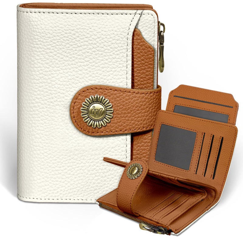 Icycay Beige Small Wallet Women RFID Blocking Bifold, Credit Card Holder, Zipper Coin Pocket, PU Leather, Compact, Travel, 4 ID Window, 14 Card Slots, Cash Purse, Ladies Woman Female Girls - Image 1