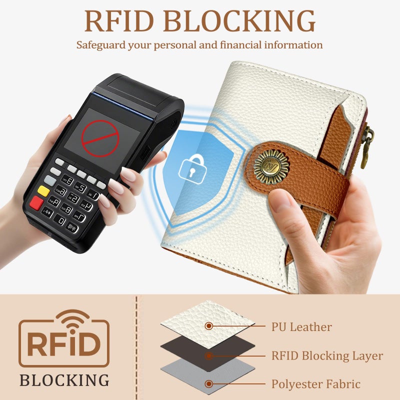 Icycay Beige Small Wallet Women RFID Blocking Bifold, Credit Card Holder, Zipper Coin Pocket, PU Leather, Compact, Travel, 4 ID Window, 14 Card Slots, Cash Purse, Ladies Woman Female Girls - Image 3