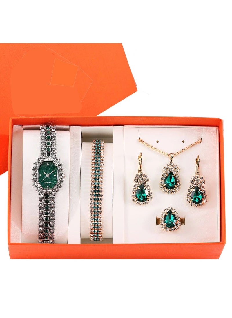 Womens luxury fashion small diamond steel belt quartz watch + bracelet + necklace + earrings gift box suit Green silver