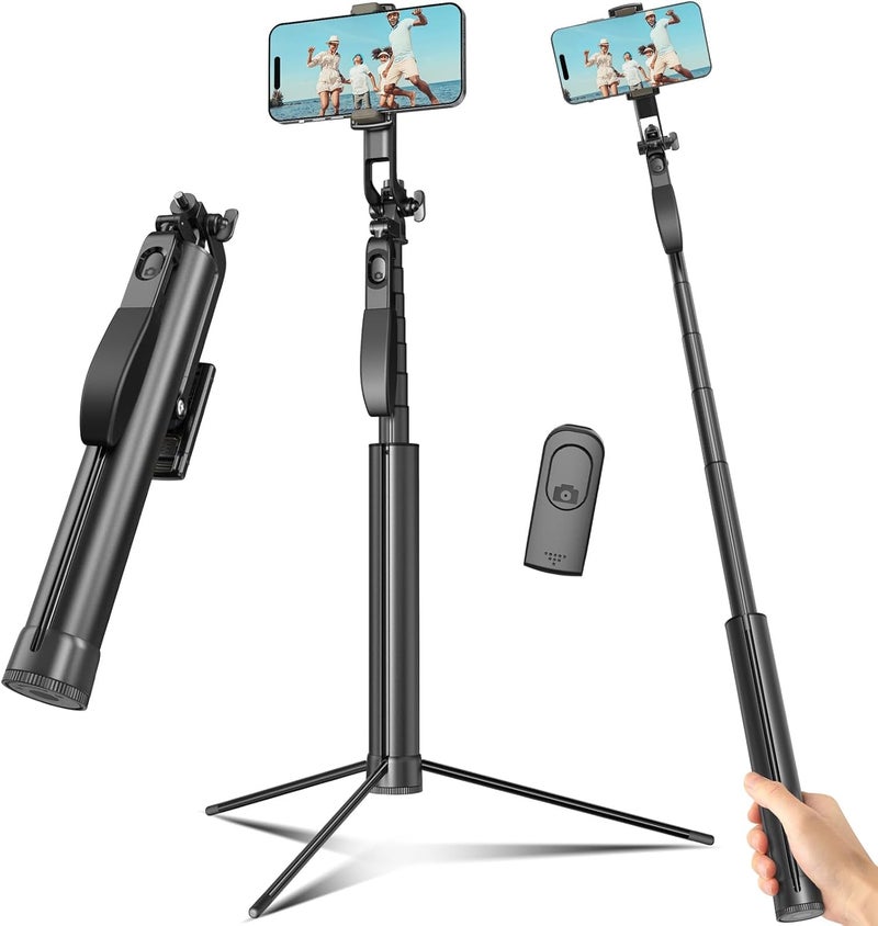 Liphisy Selfie Stick Travel Tripod for Cell Phone with Remote Control and Phone Holder, Extendable Selfie Stick for iPhone, iPhone Tripod for Video Recording, 72 Inch, Black - Image 1