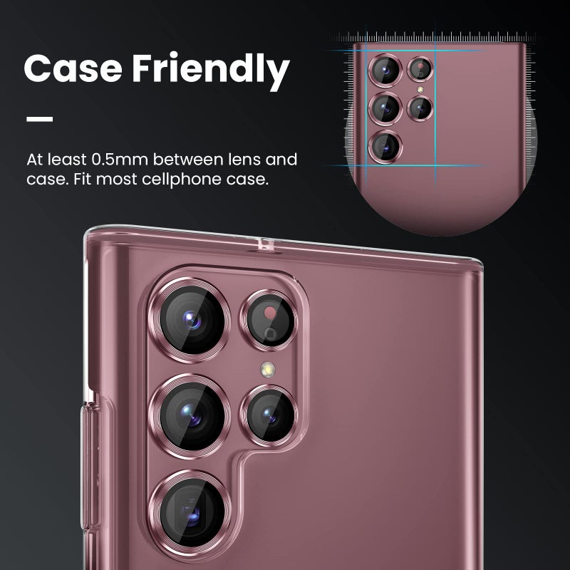 Tensea [3+2PCS for Samsung Galaxy S22 Ultra Camera Lens Protector, 9H Tempered Glass Camera Cover Screen Protector Metal Individual Ring, S22 Ultra 5G 2022 [Installation Tray][Removal tool]-Burgundy - Image 4