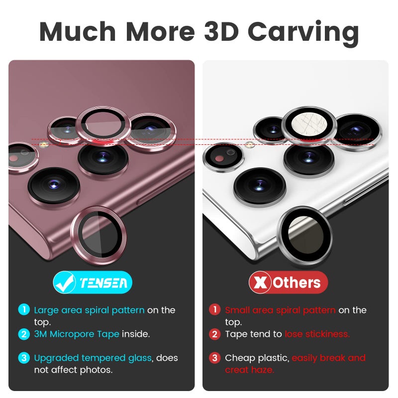 Tensea [3+2PCS for Samsung Galaxy S22 Ultra Camera Lens Protector, 9H Tempered Glass Camera Cover Screen Protector Metal Individual Ring, S22 Ultra 5G 2022 [Installation Tray][Removal tool]-Burgundy - Image 3