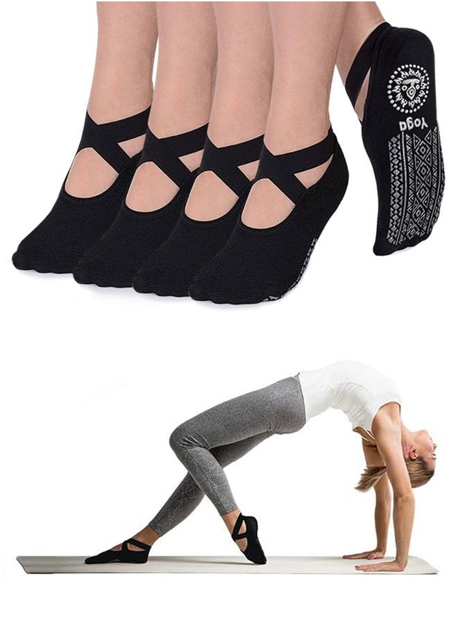 HAWAWA 4 Pairs Cotton Yoga Socks Non-Slip Grips for Women ,  Anti Slip Socks  Socks with Straps For Yoga,Pilates,Ballet,Dance,Workout (black)  - Image 1