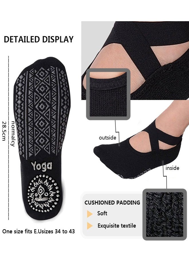 HAWAWA 4 Pairs Cotton Yoga Socks Non-Slip Grips for Women ,  Anti Slip Socks  Socks with Straps For Yoga,Pilates,Ballet,Dance,Workout (black)  - Image 3