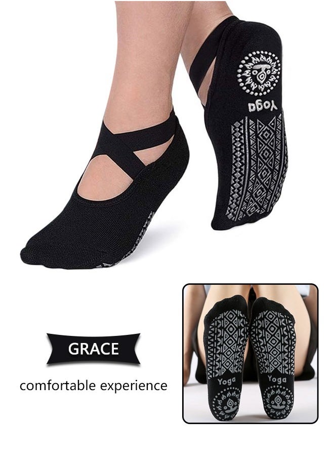 HAWAWA 4 Pairs Cotton Yoga Socks Non-Slip Grips for Women ,  Anti Slip Socks  Socks with Straps For Yoga,Pilates,Ballet,Dance,Workout (black)  - Image 5