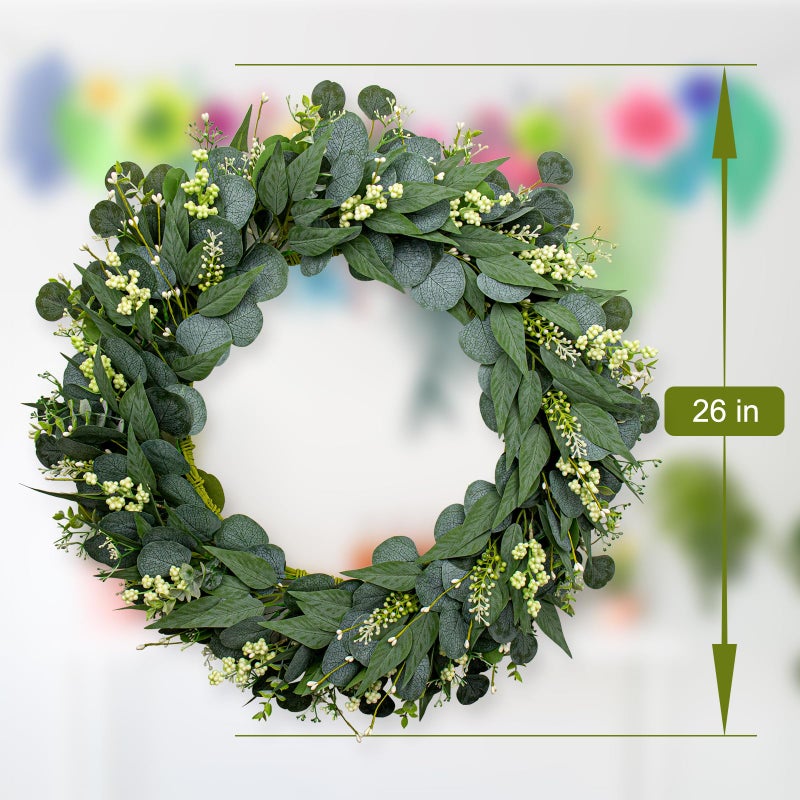 JINGHONG Green Eucalyptus Wreath 26 Inch Greenery Wreaths for Front Door Artificial Spring Summer Wreath with Green Eucalyptus Leaf for All Seasons Home Farmhouse Wall Porch Decor - Image 4