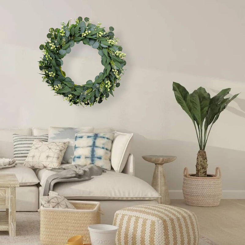 JINGHONG Green Eucalyptus Wreath 26 Inch Greenery Wreaths for Front Door Artificial Spring Summer Wreath with Green Eucalyptus Leaf for All Seasons Home Farmhouse Wall Porch Decor - Image 3