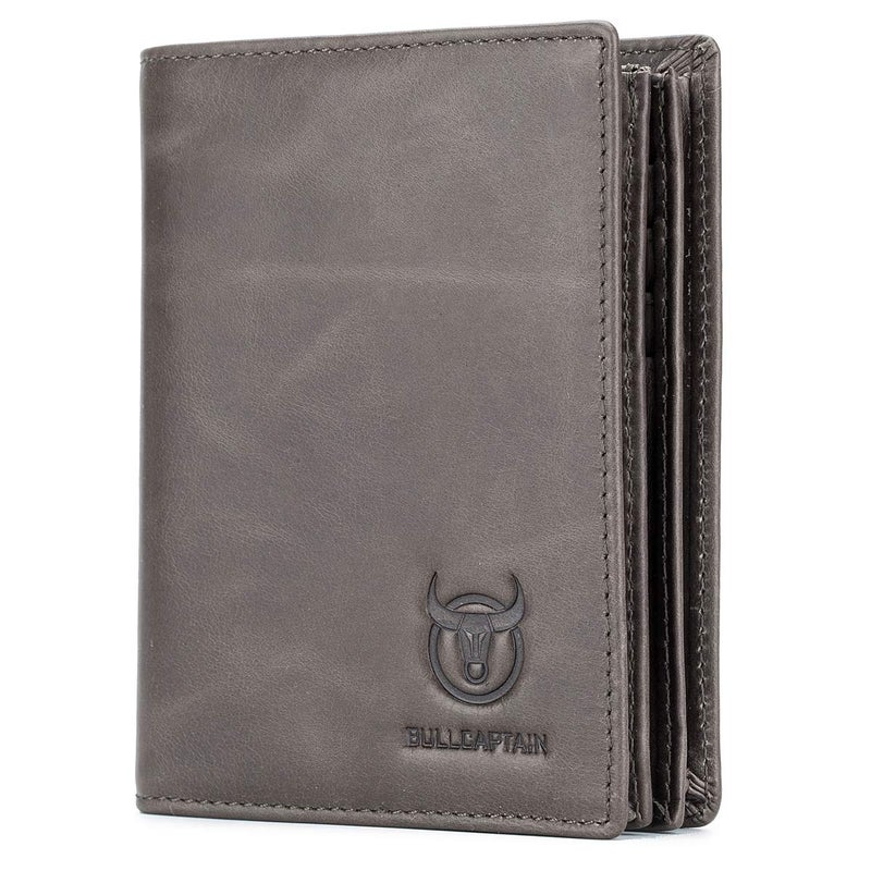 BULLCAPTAIN Large Capacity Genuine Leather Bifold Wallet/Credit Card Holder for Men with 15 Card Slots QB-027 (Grey) - Image 1