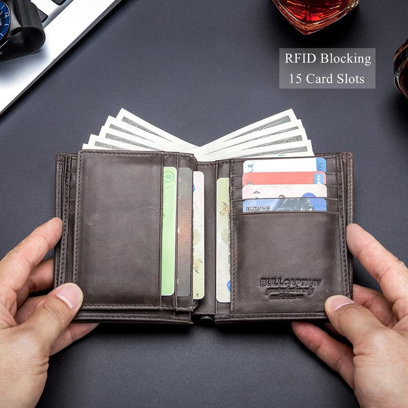 BULLCAPTAIN Large Capacity Genuine Leather Bifold Wallet/Credit Card Holder for Men with 15 Card Slots QB-027 (Grey) - Image 4