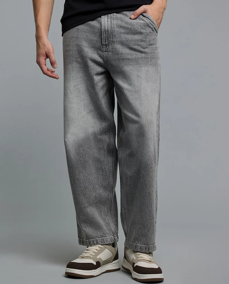 Washed Loose Fit Jeans with Button Closure