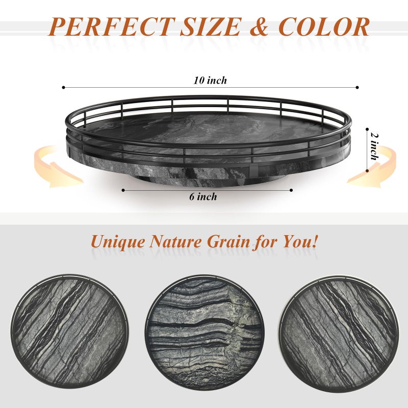 AMH Marble Lazy Susan Turntable for Table Top â€“ 10â€ Round Ancient Wood Grain Marble Tray Organizer for Dining Table, Kitchen Countertop & Bar, Luxury Stone Serving Tray with Black Iron Frame - Image 3