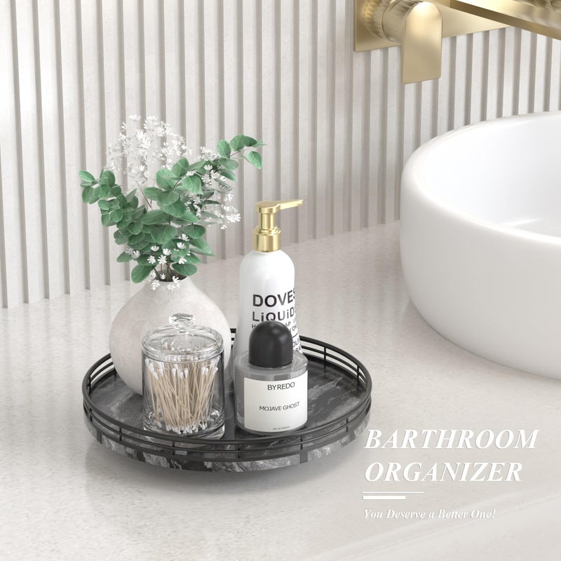 AMH Marble Lazy Susan Turntable for Table Top â€“ 10â€ Round Ancient Wood Grain Marble Tray Organizer for Dining Table, Kitchen Countertop & Bar, Luxury Stone Serving Tray with Black Iron Frame - Image 2