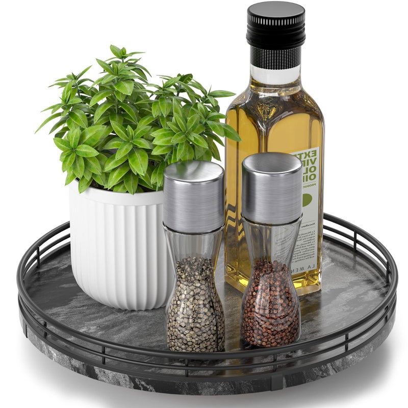 AMH Marble Lazy Susan Turntable for Table Top â€“ 10â€ Round Ancient Wood Grain Marble Tray Organizer for Dining Table, Kitchen Countertop & Bar, Luxury Stone Serving Tray with Black Iron Frame - Image 1