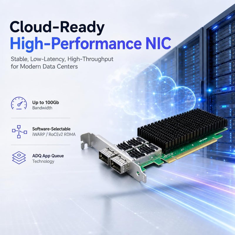 جلوتريندز بطاقة شبكة ST7339 إيثرنت 100G QSFP28 بمنفذين مع وحدة تحكم Intel E810-CAM2، واجهة PCIE 4.0 X16، تدعم نظام التشغيل Windows 11/10/Windows Server/Linux/RHEL/SLES/Ubuntu/Debian/Freebsd - Image 5