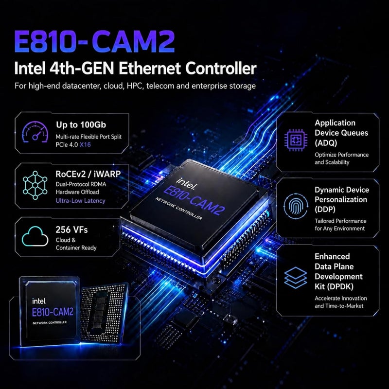 جلوتريندز بطاقة شبكة ST7339 إيثرنت 100G QSFP28 بمنفذين مع وحدة تحكم Intel E810-CAM2، واجهة PCIE 4.0 X16، تدعم نظام التشغيل Windows 11/10/Windows Server/Linux/RHEL/SLES/Ubuntu/Debian/Freebsd - Image 3