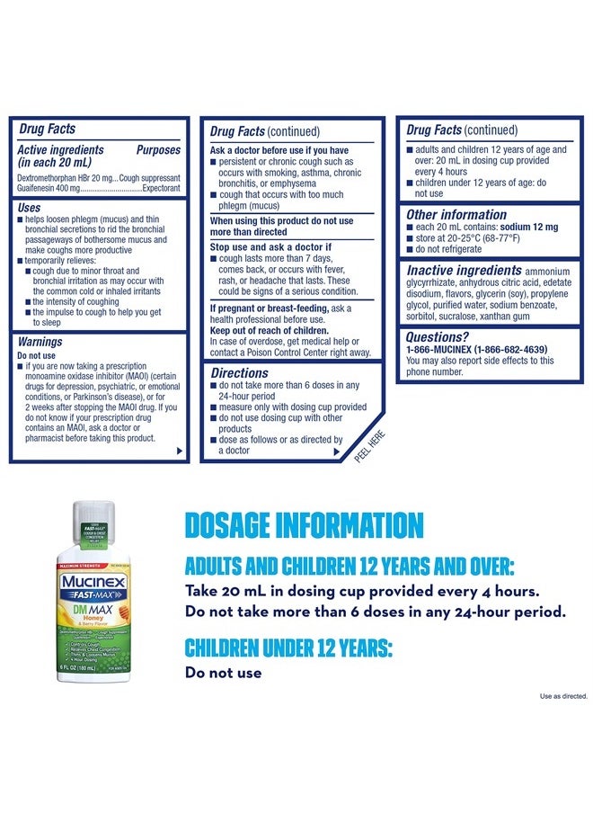 MUCINEX Fast-Max Maximum Strength DM MAX, Symptom Relief, Cough Suppressant and Expectorant, Honey & Berry Flavor, 6 FL OZ  - Image 2