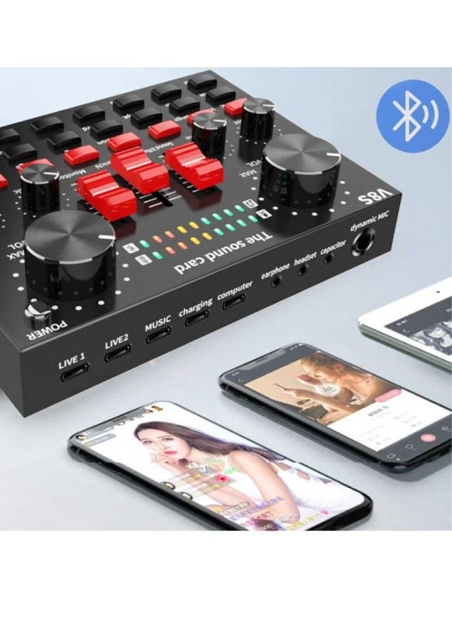 V8S Live Sound Card Bluetooth Sound Mixer Board 3.5mm Audio Interface Live Sound Card with 16 Sound Effects 6 Connecting Methods Dual DSP Noise Reduction Chip For Live Streaming Recording Game PC  - Image 3