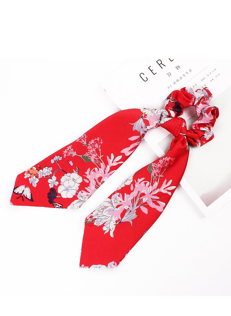 ربطة شعر من الشيفون مزينة بعقدة شعر من الساتان بعقدة طويلة على شكل عقدة شعر من الساتان للنساء بنات، أحمر - Image 1