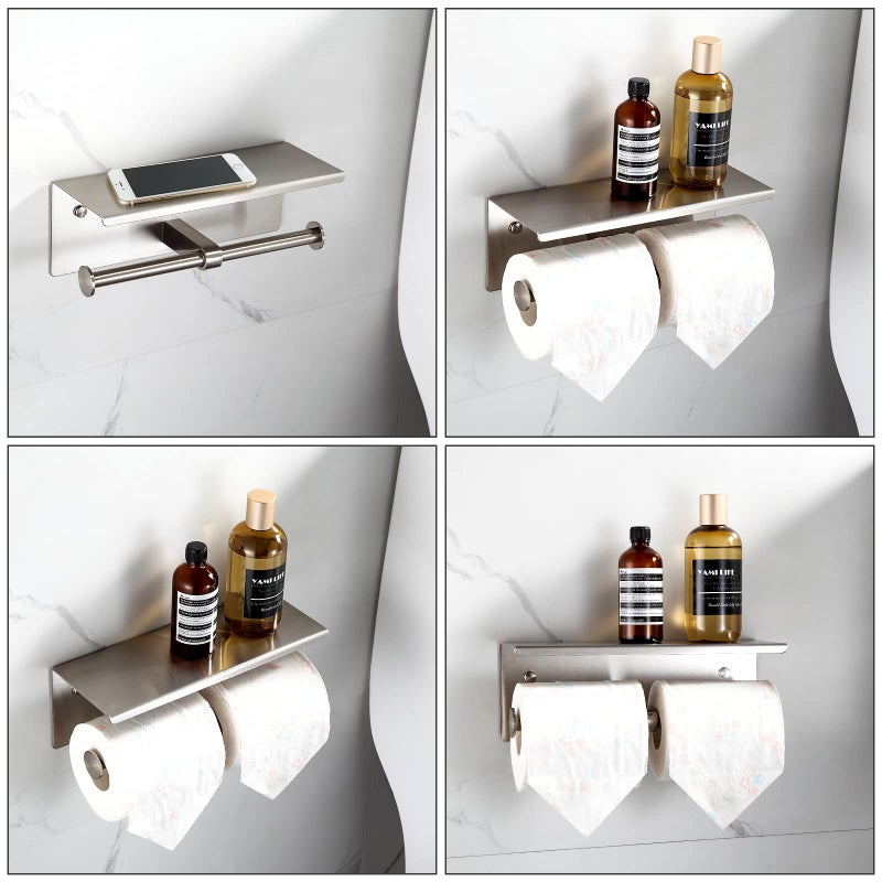 BGL Double Toilet Paper Holder with Shelf Brushed Nickel Toilet Paper Holder Wall Mounted - Image 2