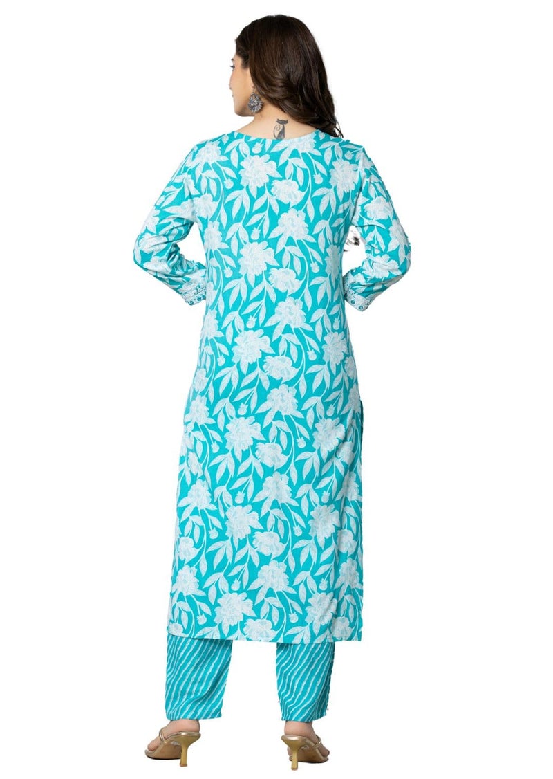 rytras Women's Pure Cotton Printed Straight Kurta Set with Palazzo Pants & Dupatta- Ethnic Wear, Turquoise(RYT587,S) - Image 2