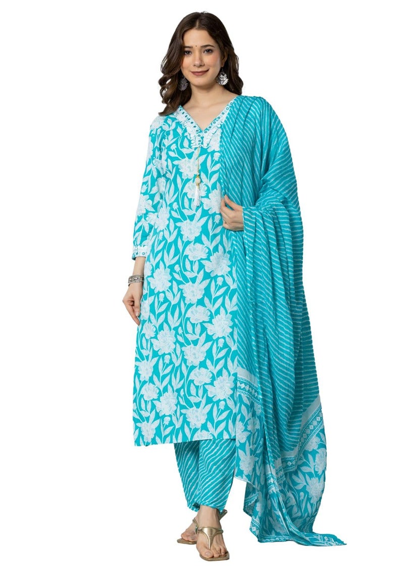 rytras Women's Pure Cotton Printed Straight Kurta Set with Palazzo Pants & Dupatta- Ethnic Wear, Turquoise(RYT587,S) - Image 1