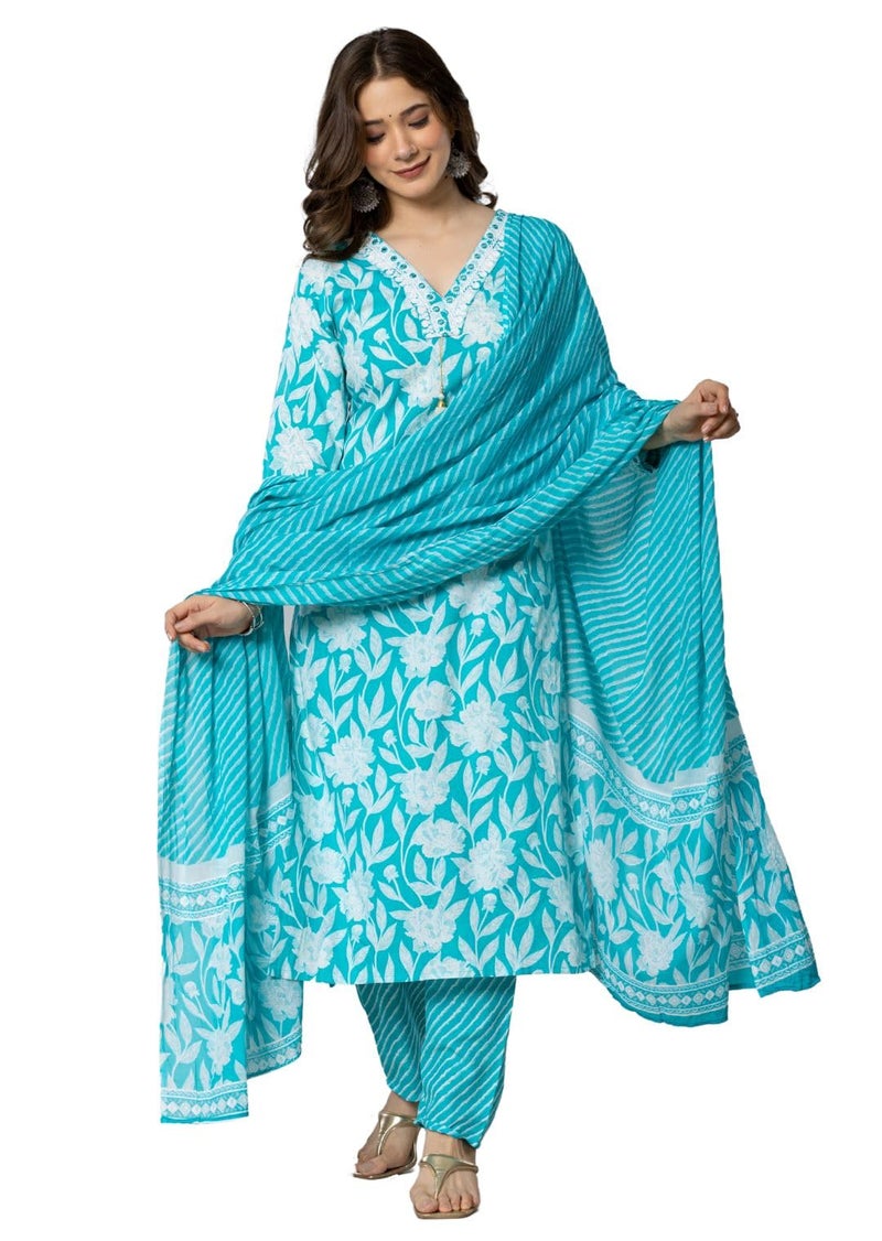 rytras Women's Pure Cotton Printed Straight Kurta Set with Palazzo Pants & Dupatta- Ethnic Wear, Turquoise(RYT587,S) - Image 4