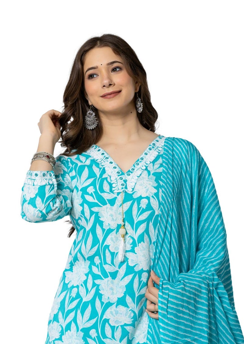 rytras Women's Pure Cotton Printed Straight Kurta Set with Palazzo Pants & Dupatta- Ethnic Wear, Turquoise(RYT587,S) - Image 5