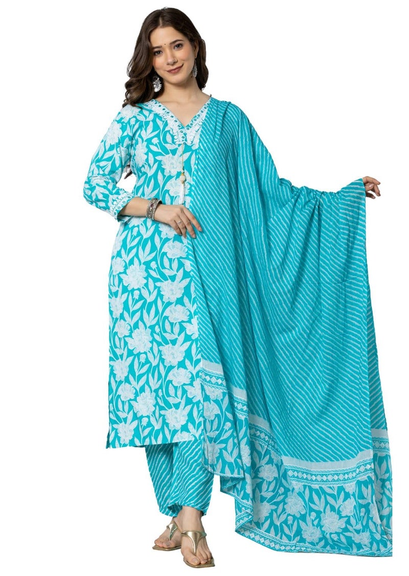 rytras Women's Pure Cotton Printed Straight Kurta Set with Palazzo Pants & Dupatta- Ethnic Wear, Turquoise(RYT587,S) - Image 3