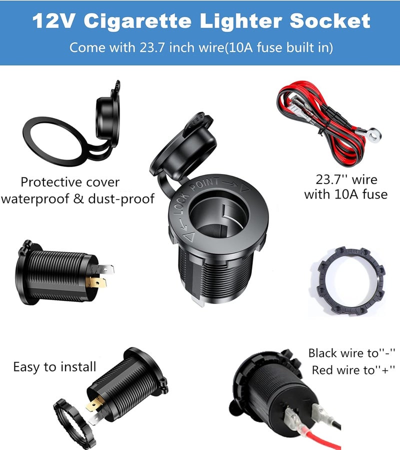 Kewig 12V Cigarette Lighter Socket, Car Marine ATV RV Lighter Power Oulet Socket Receptacle 12 Volt Waterproof Plug 2Pack - Image 2
