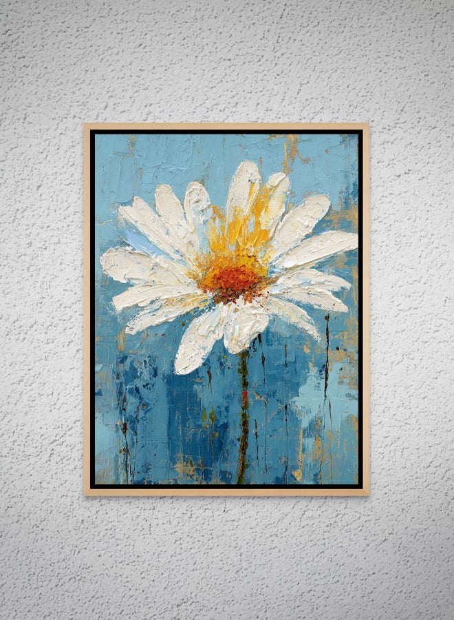 Art Decor Framed Canvas Portrait Print of White Daisy Flower on Blue Background, Modern Abstract Botanical Art, Living Room Bedroom Office Wall Décor - Image 1